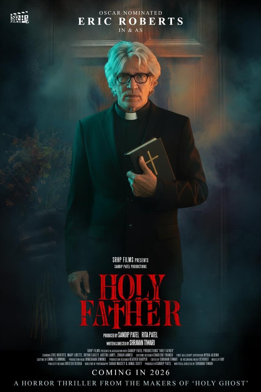 Holy Father poster — Eric Roberts as Father Wales, holding a Bible in the smoke